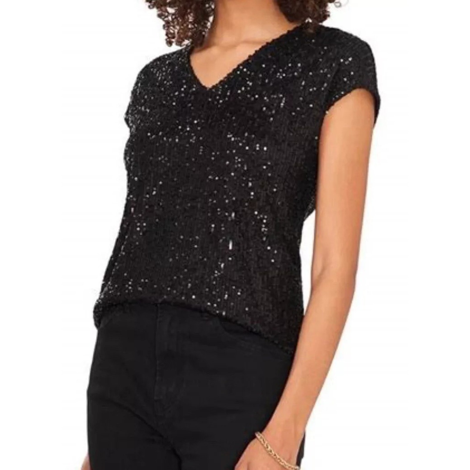 Vince Camuto Women's Black Sequins V-Neck Dolman Sleeve Blouse Size XXSmall RT79