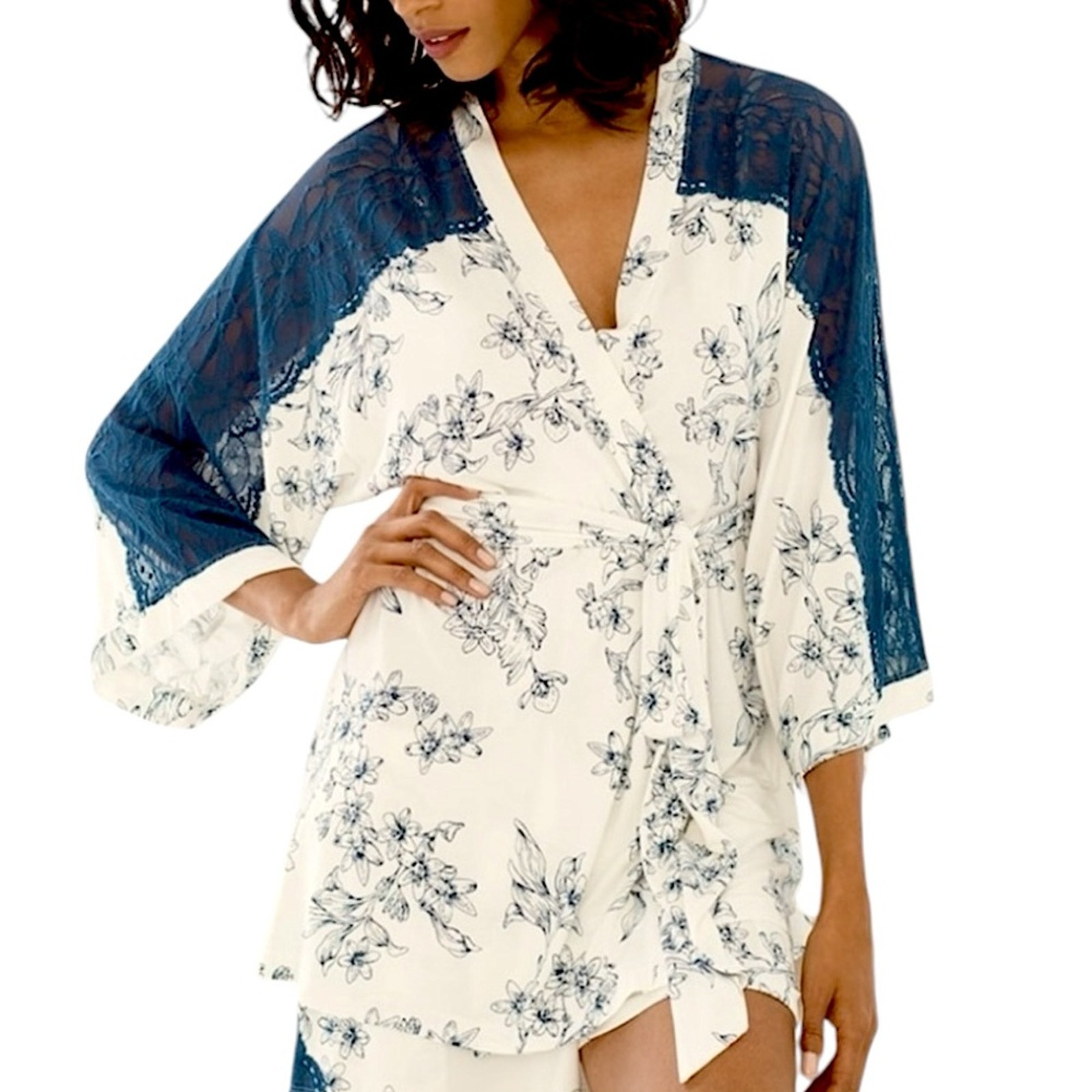 Soma Cool Nights Floral Lace Kimono Short Robe Wrap Ivory Blue Size S/M
