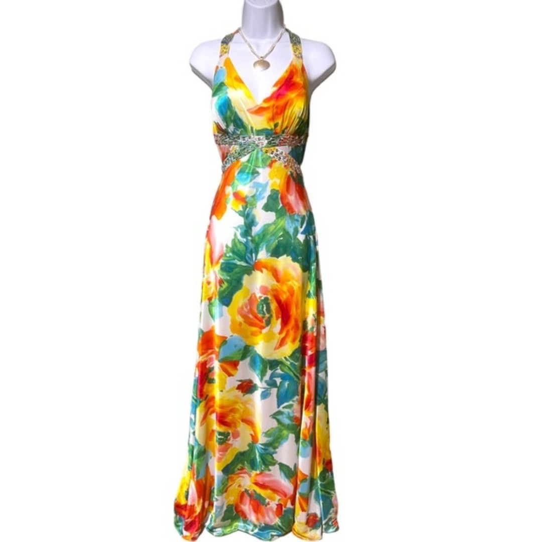 Morgan & Co. Tropical Multi- Color Floral Backless Beaded Trim A-Line Dress - M