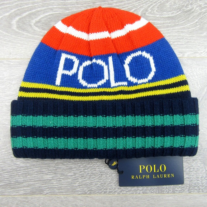 Polo Ralph Lauren Logo Striped Wool-Blend Beanie One Size Royal Multi NEW
