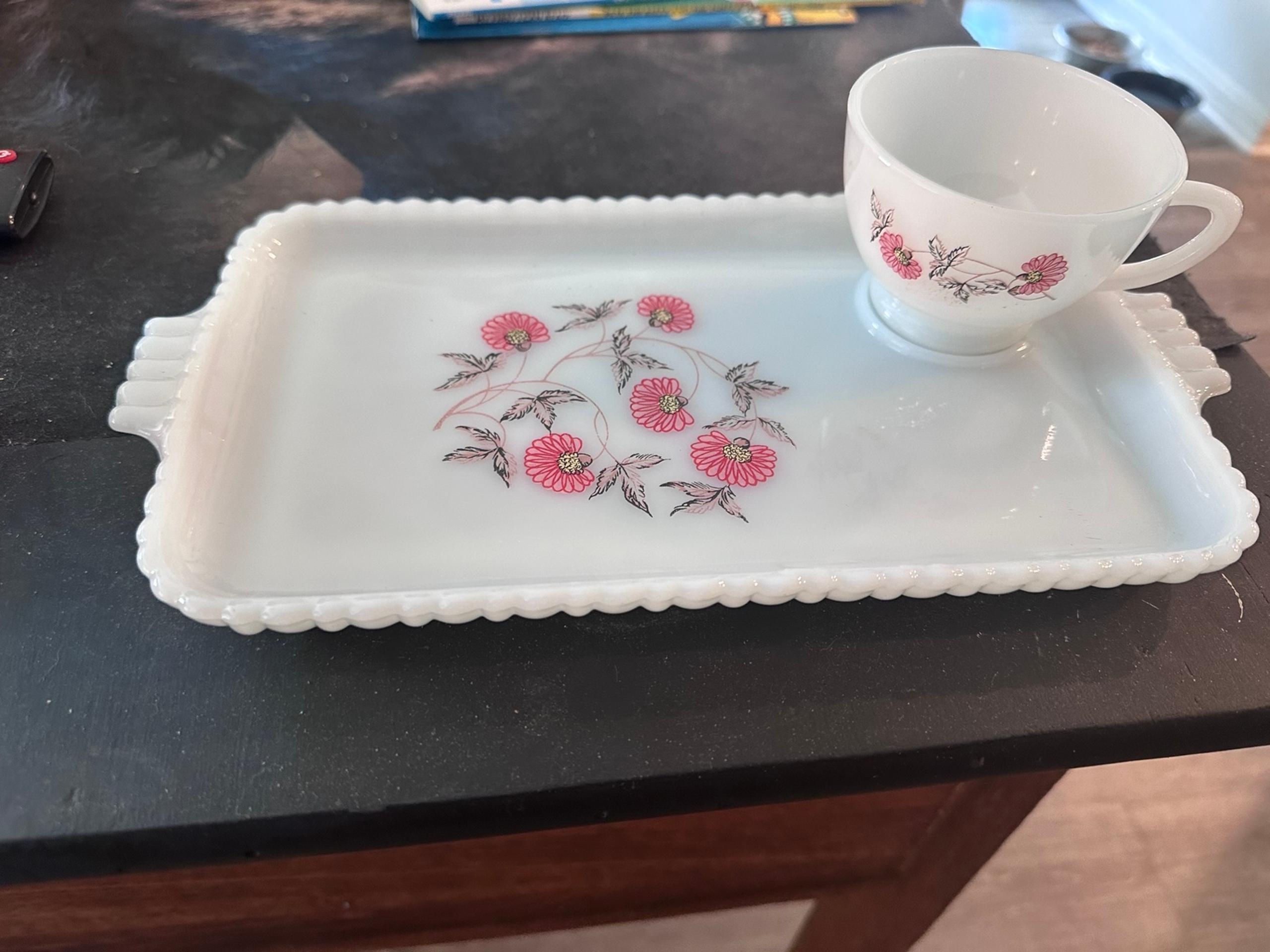 Vintage Anchor Hocking Fire King Milk Glass Fleurette Snack Plate and Cup Floral