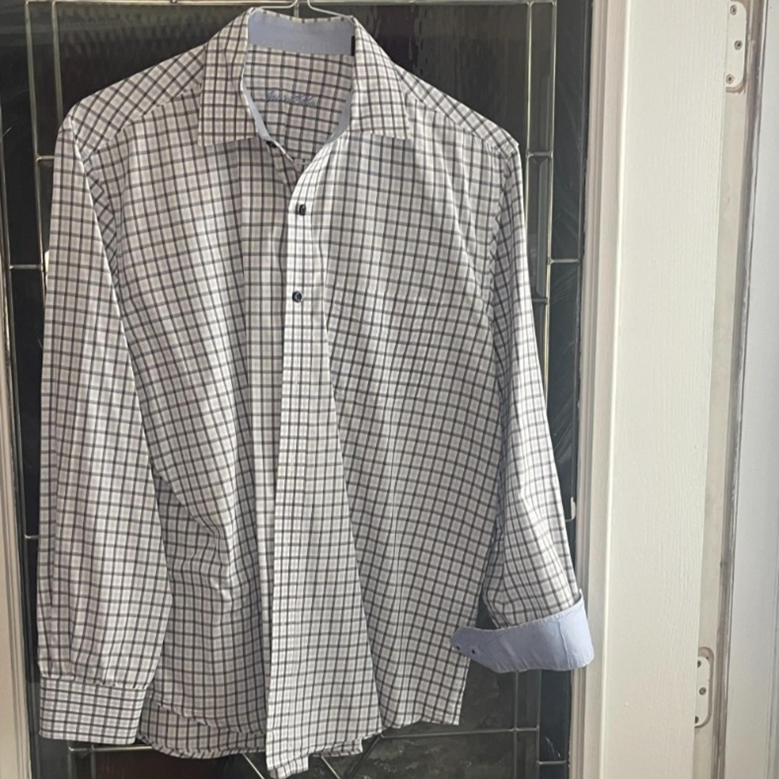 Tasso Elba Mens Sz M Shirt Button Down Flip Cuff Long Sleeve Check Blue Black