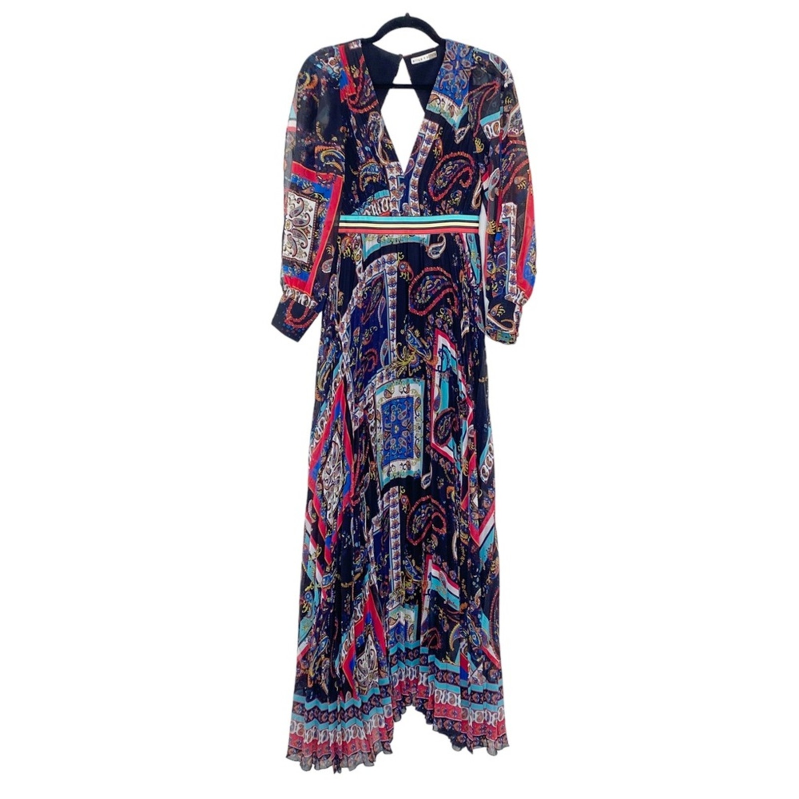 Alice + Olivia Cheney Slit Sleeve Pleated Maxi Dress in Royalty Paisley Size 0