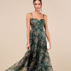 NWOT Lulus Exclusive Glamour Green Floral Organza Tiered Maxi Dress XS