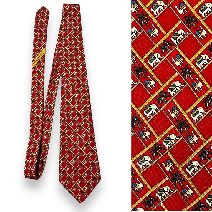 Salvatore Ferragamo 100% Silk Neck Tie Elephants Camels Palm Trees Red Italy