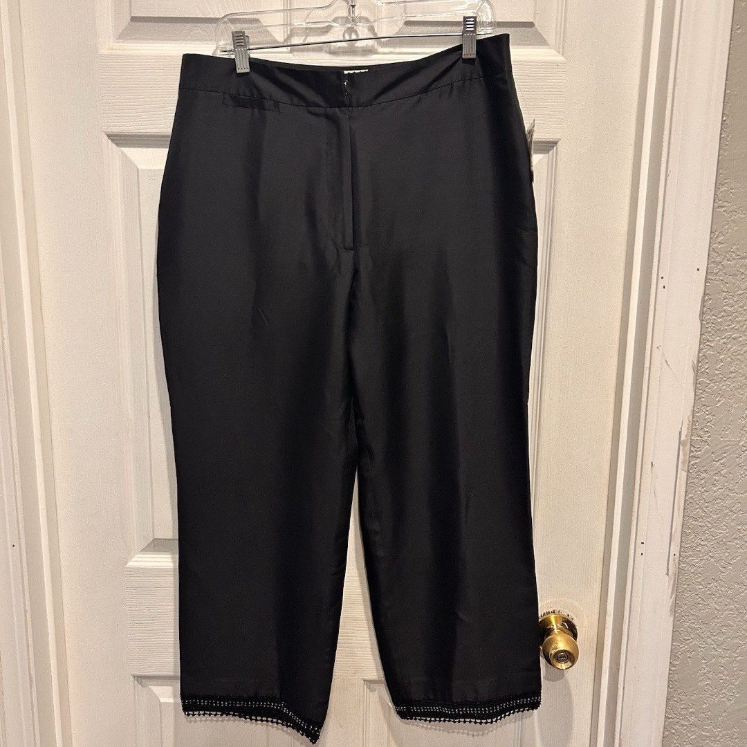 Ice 100% Silk Pants Vintage 90's Black Straight Leg Women's Size 14 NWT Beaded