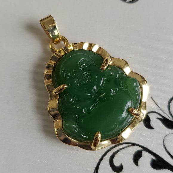 Gold Genuine Nephrite / Jade Laughing Buddha Pendant