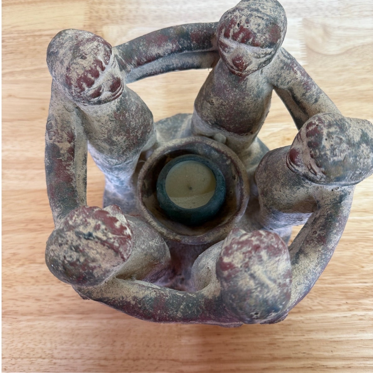 Vintage Large Aztec Mayan Circle of Friends 5 People Candle Holder Clay Pottery
