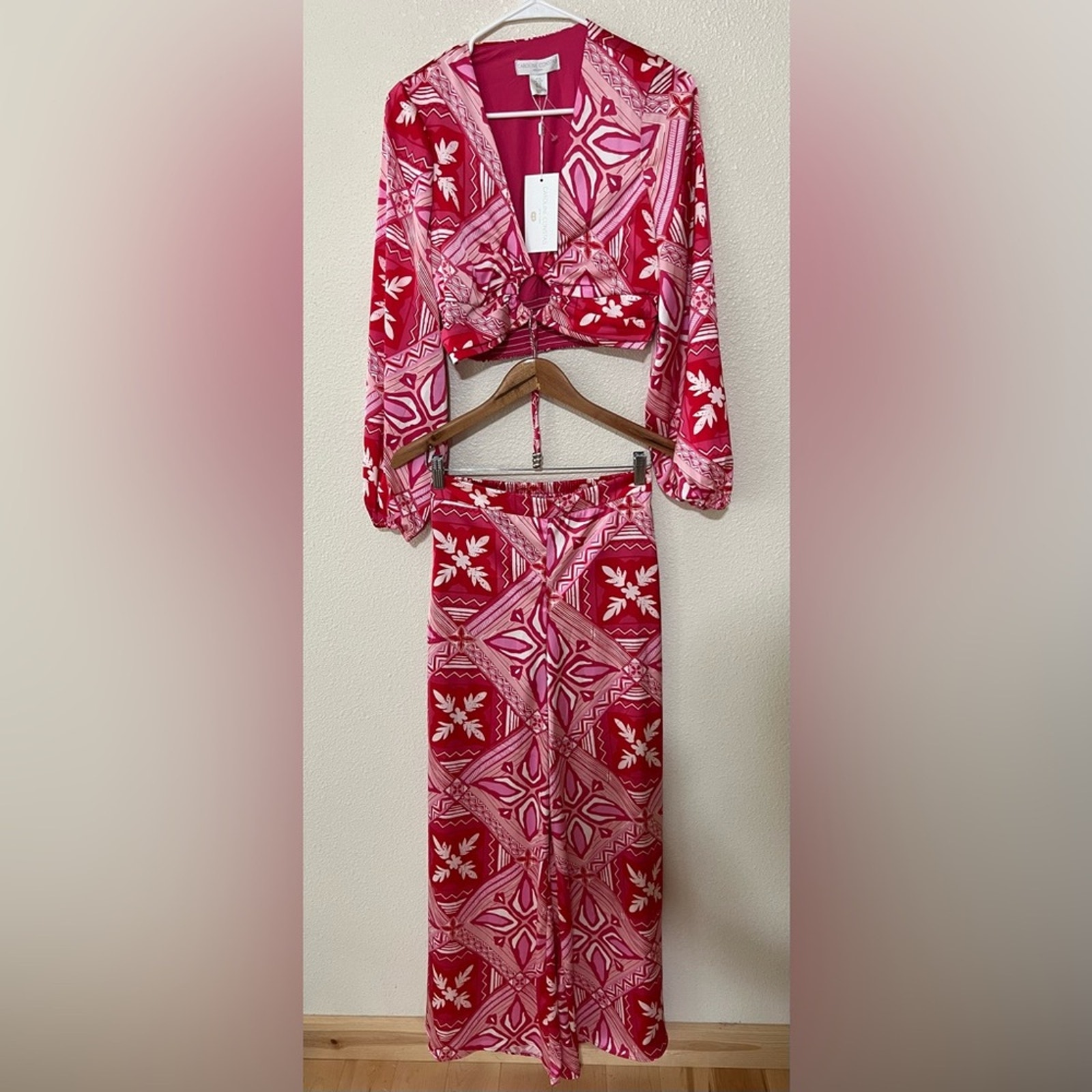 Caroline Constas Pink Satin Tribal Geometric Blouse & Wide Leg Pants Set NEW XS