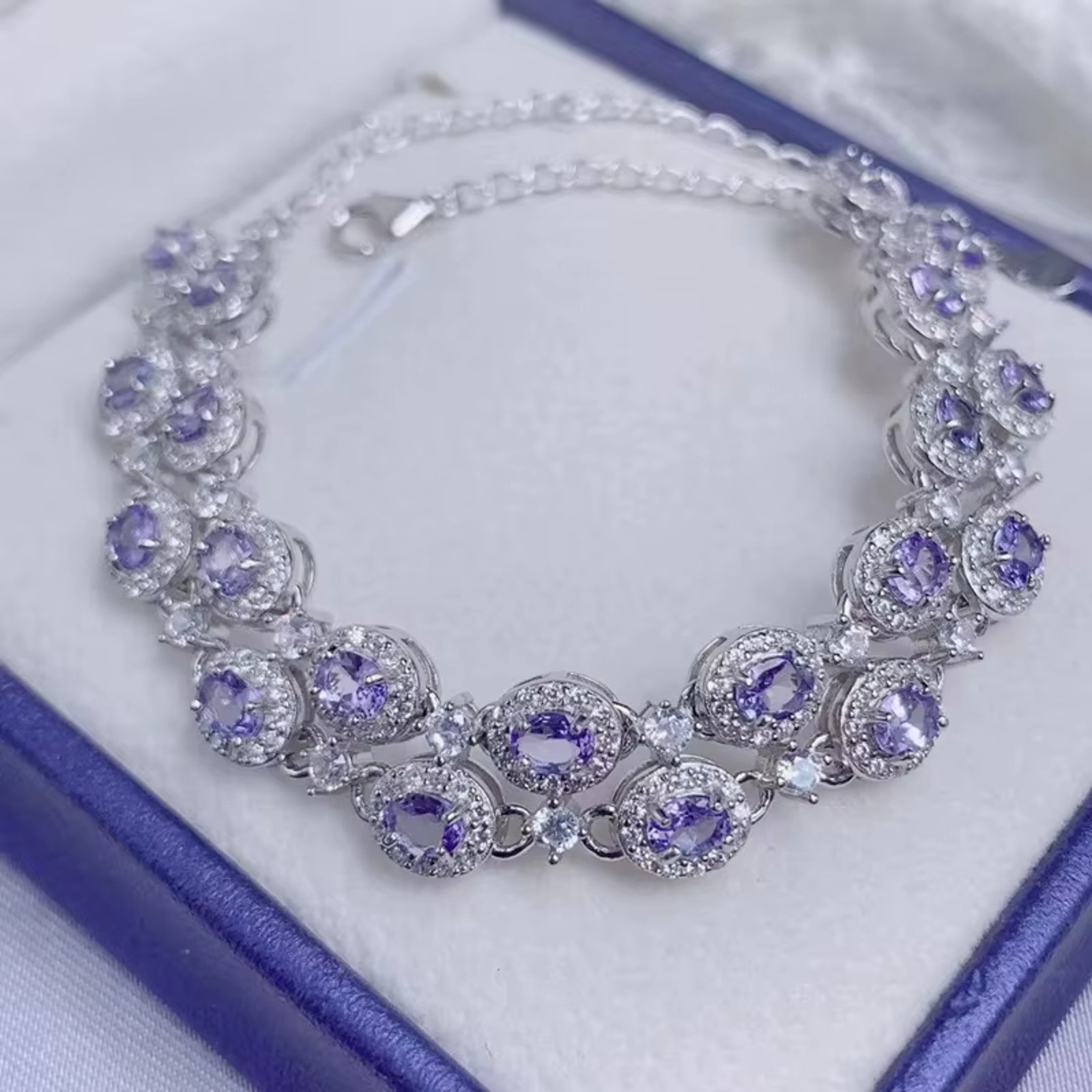 Sterling Silver Polished Tanzanite 3x4mm Oval-Cut Link Tennis Bracelet