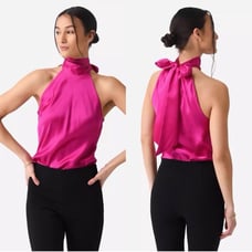 FRAME Women's Silk Draped Neck-Tie Halter Top Blouse Size M Magenta Pink NWOT