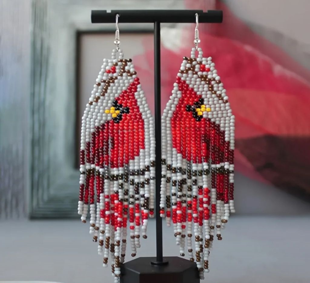 Handmade beaded Cardinal dangle Earrings One