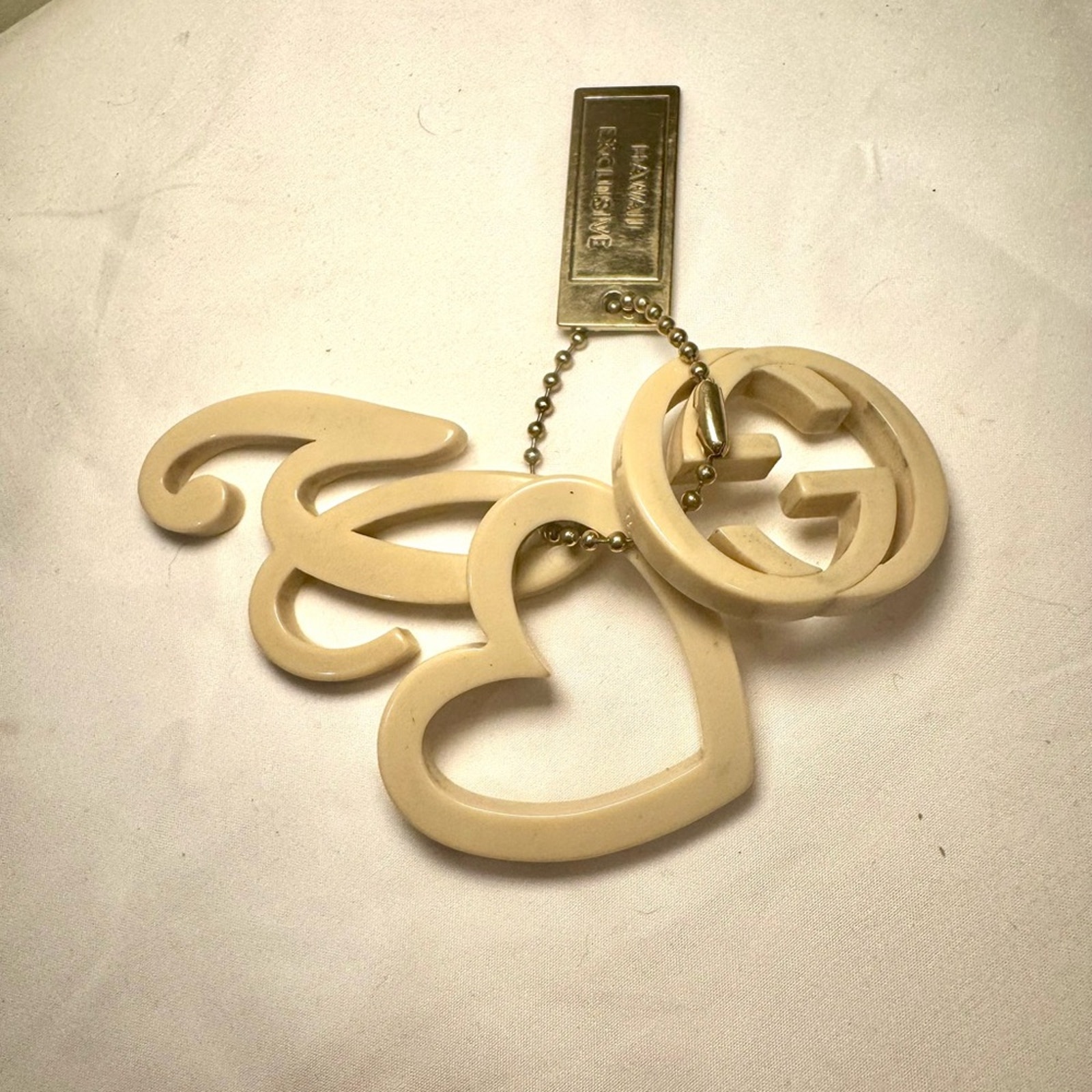 Gucci Cream Bag Charm / Keychain with Heart, Cursive G, and GG Logo