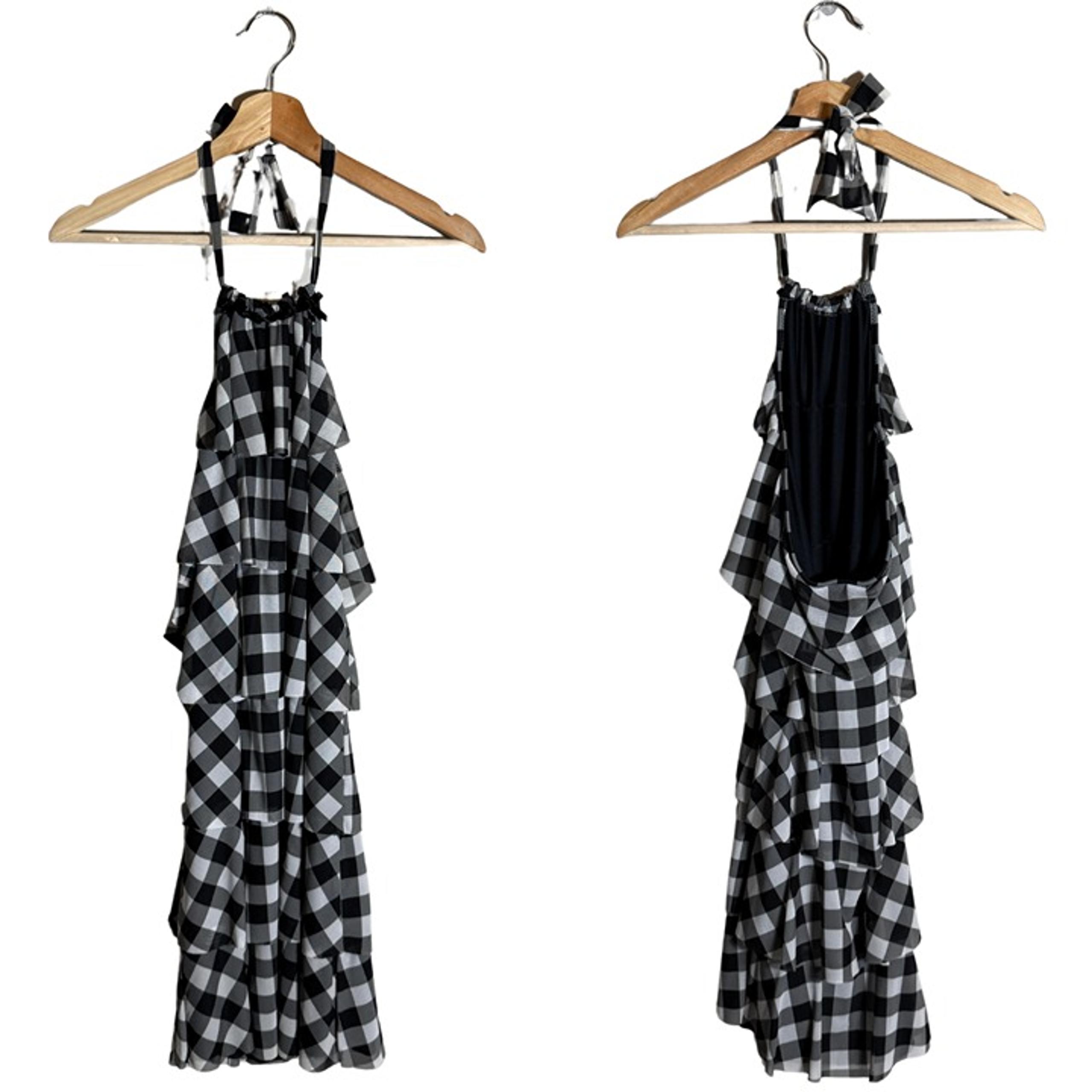 Vtg Betsey Johnson Swim Gingham Bows Tiered Cover Up Dress Women's Medium Black