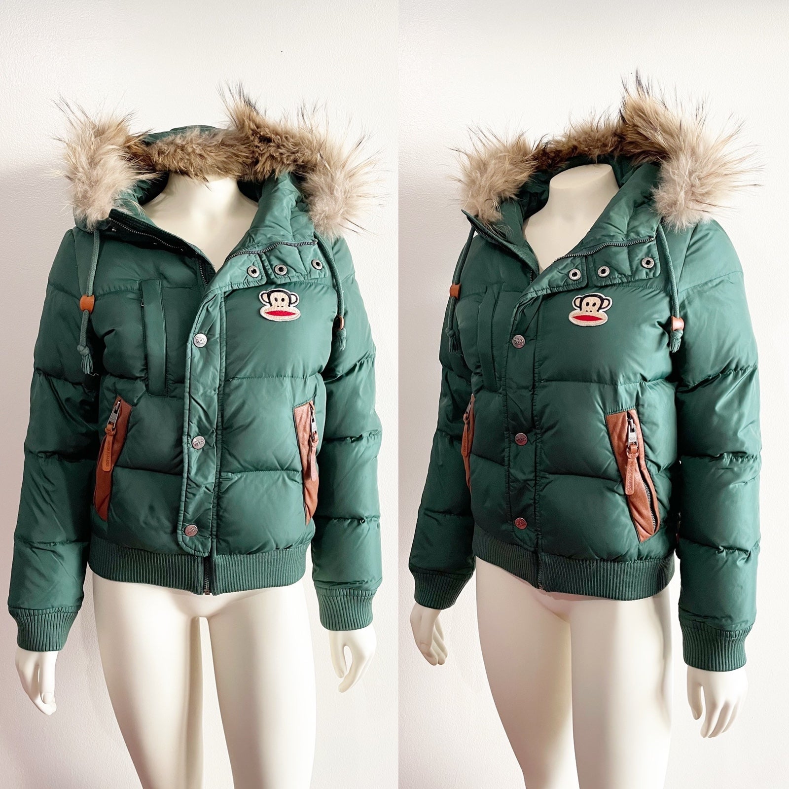 Whole Hauss Paul Frank Monkey Green Jacket/Puffer Fox Fur Trim 90s Y2K