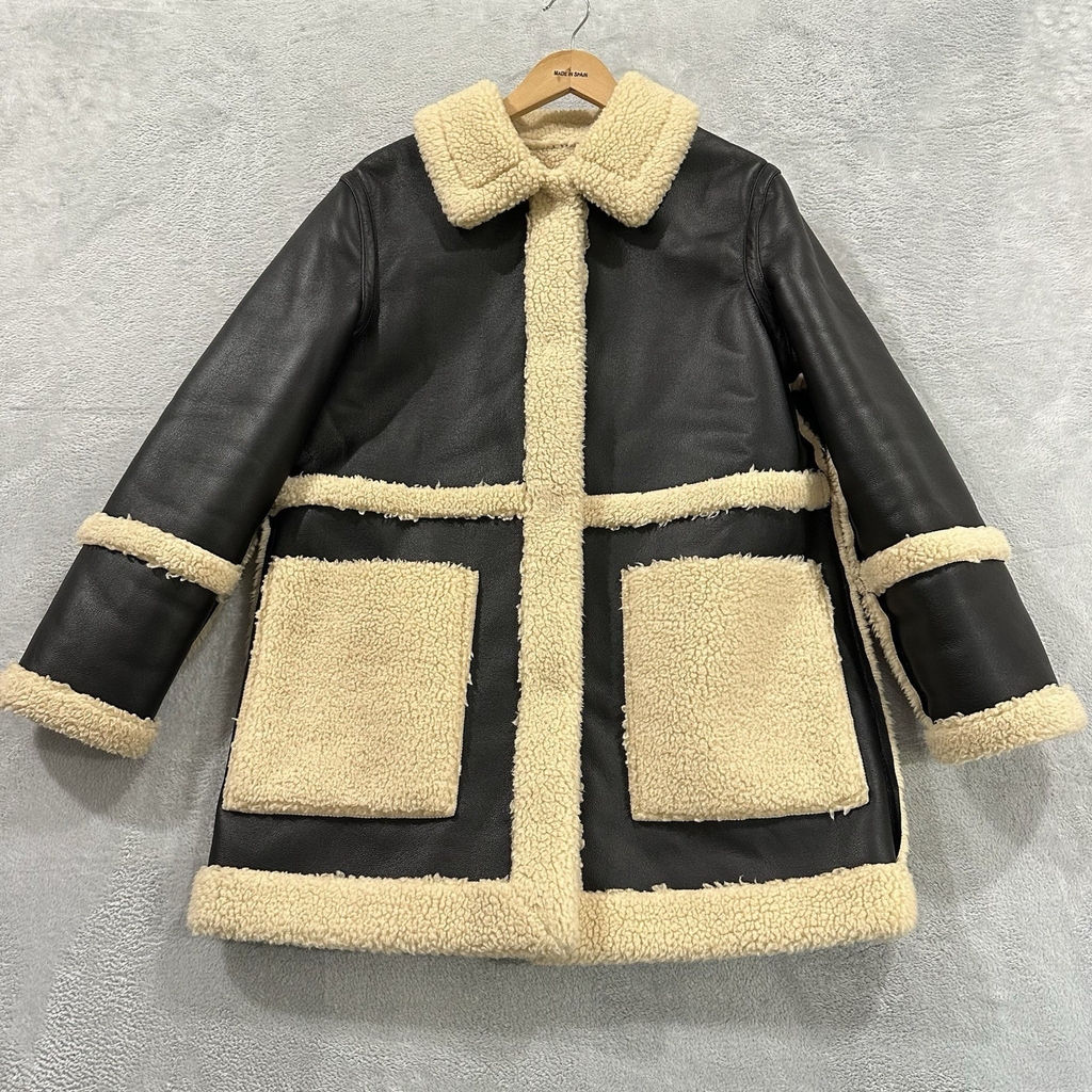Topshop Faux Leather Teddy Coat Jacket Women's 6 Black Beige Sherpa Reversible