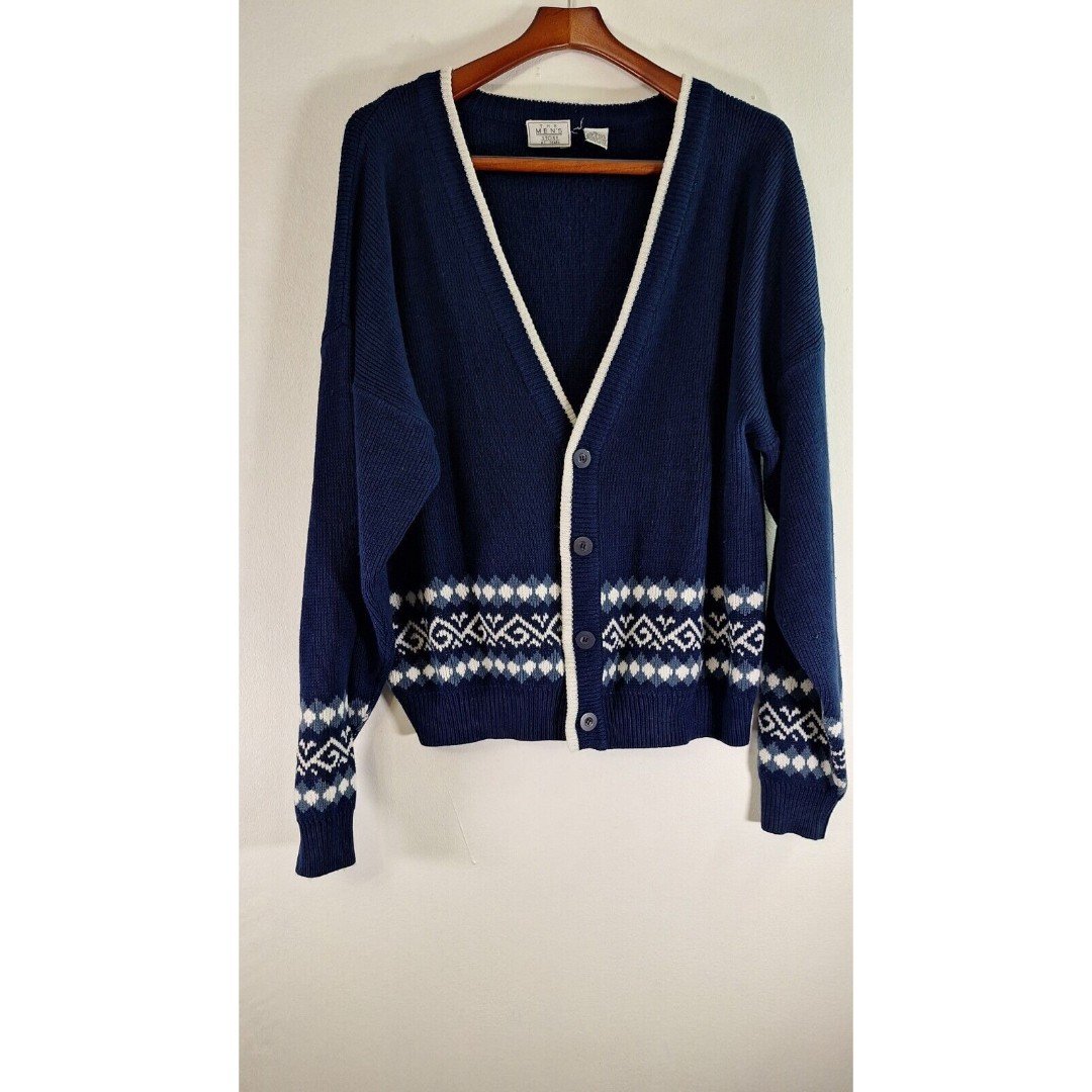 Vtg Men's FISHERMAN Cardigan Fair Isle Sweater Sz XL Preppy Cosby Nerdy Business