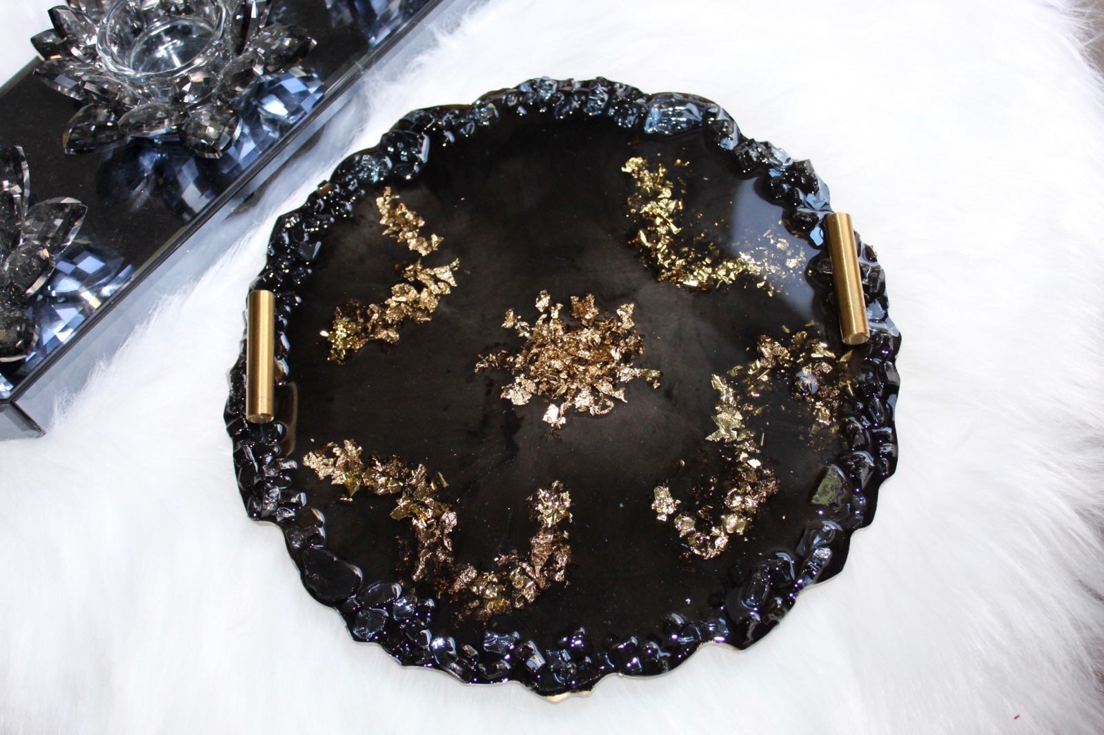 Handmade Round Black Resin Tray