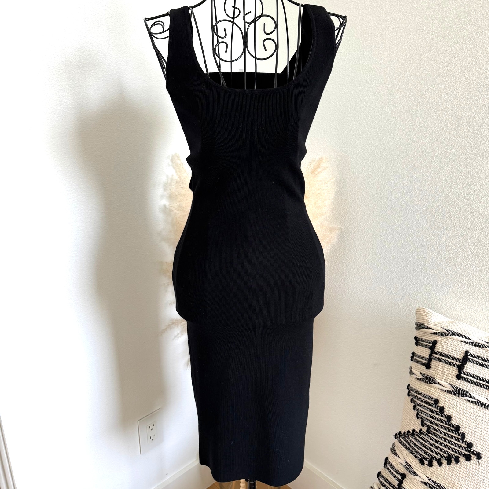 Leith Knit Bodycon Cut Out Back Scoop Neck Black Tank Midi Dress XS