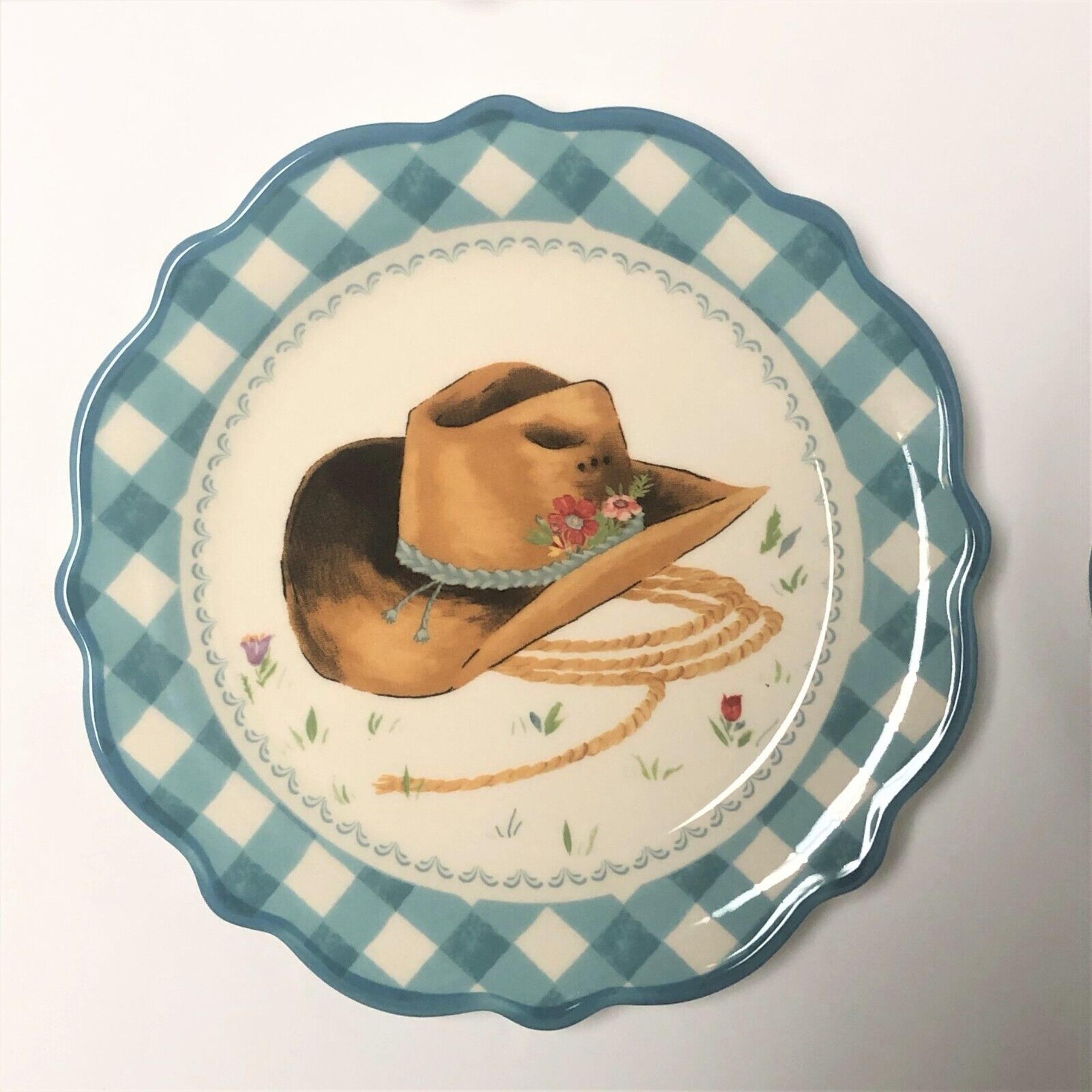Pioneer Woman Teal Gingham Dessert Appetizer Plate Cowboy Hat Ceramic Dish 7"New