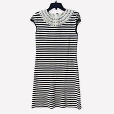 Tory Burch Dark Navy and Beige Striped Dress, Embellished Neck Line Trim
