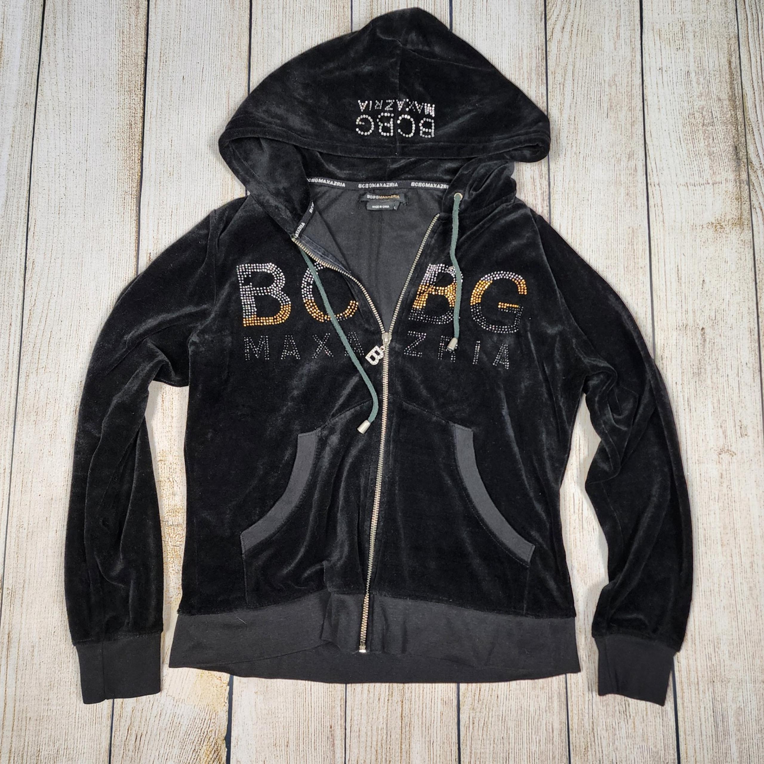 BCBGMAXAZRIA  Velour Rhinestone Full Zip Hoodie Jacket Bling Black Large