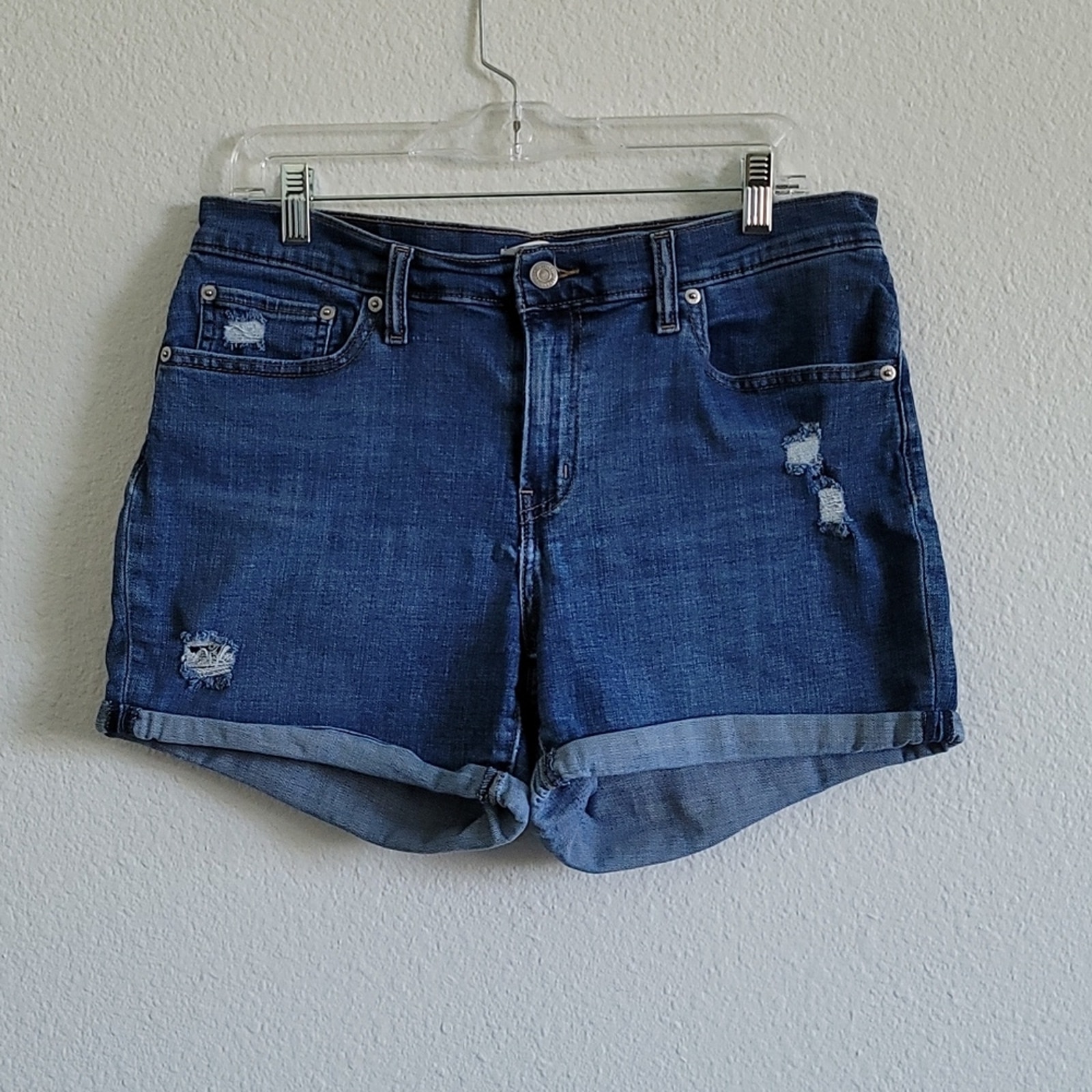 LEVI'S Shorts Denim Mid Length Jean Distressed Cuffed Hem Red Tab Size 31 Blue