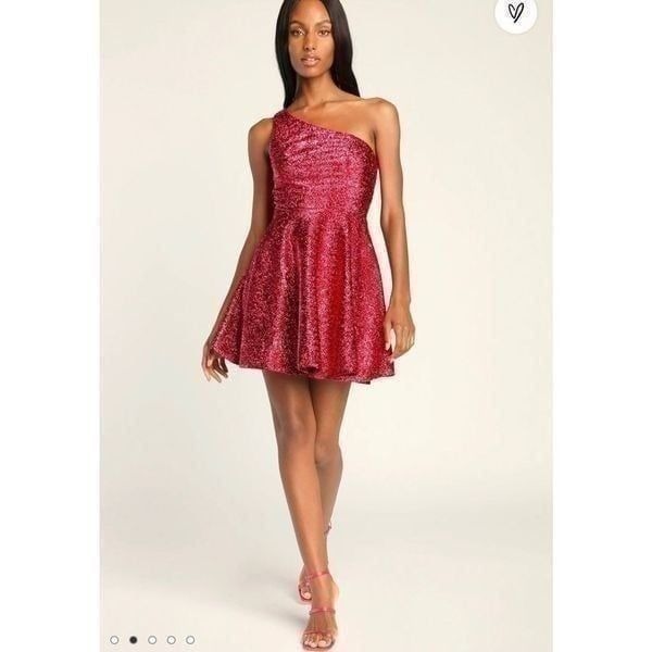 Lulus Shimmer Barbie City Fuchsia One Shoulder Mini Skater Dress Size M