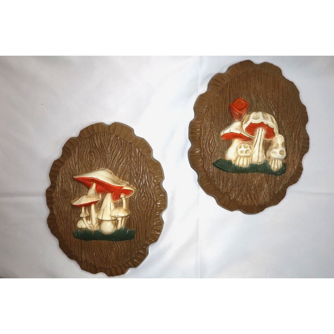 1970s Mushroom Wall Plaques Set of 2 Wall Art Hanging Decor faux wood