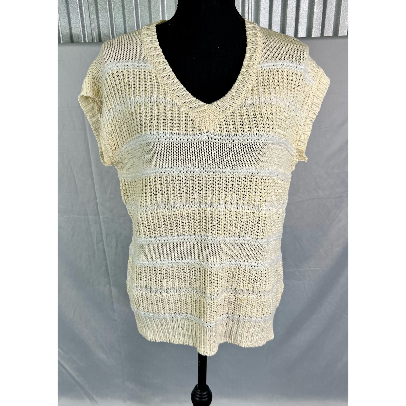 Peserico Women Pure cotton and mini sequin openwork stripe sweater Size 44 Large