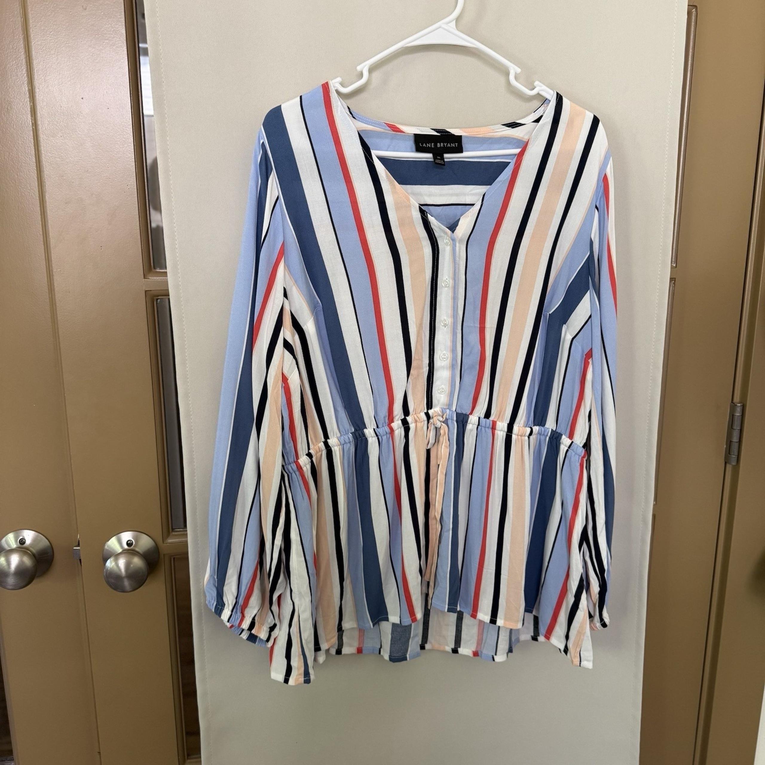 Lane Bryant Womens 16 Multicolor Stripe Button Up V-Neck Cynched Waist Blouse
