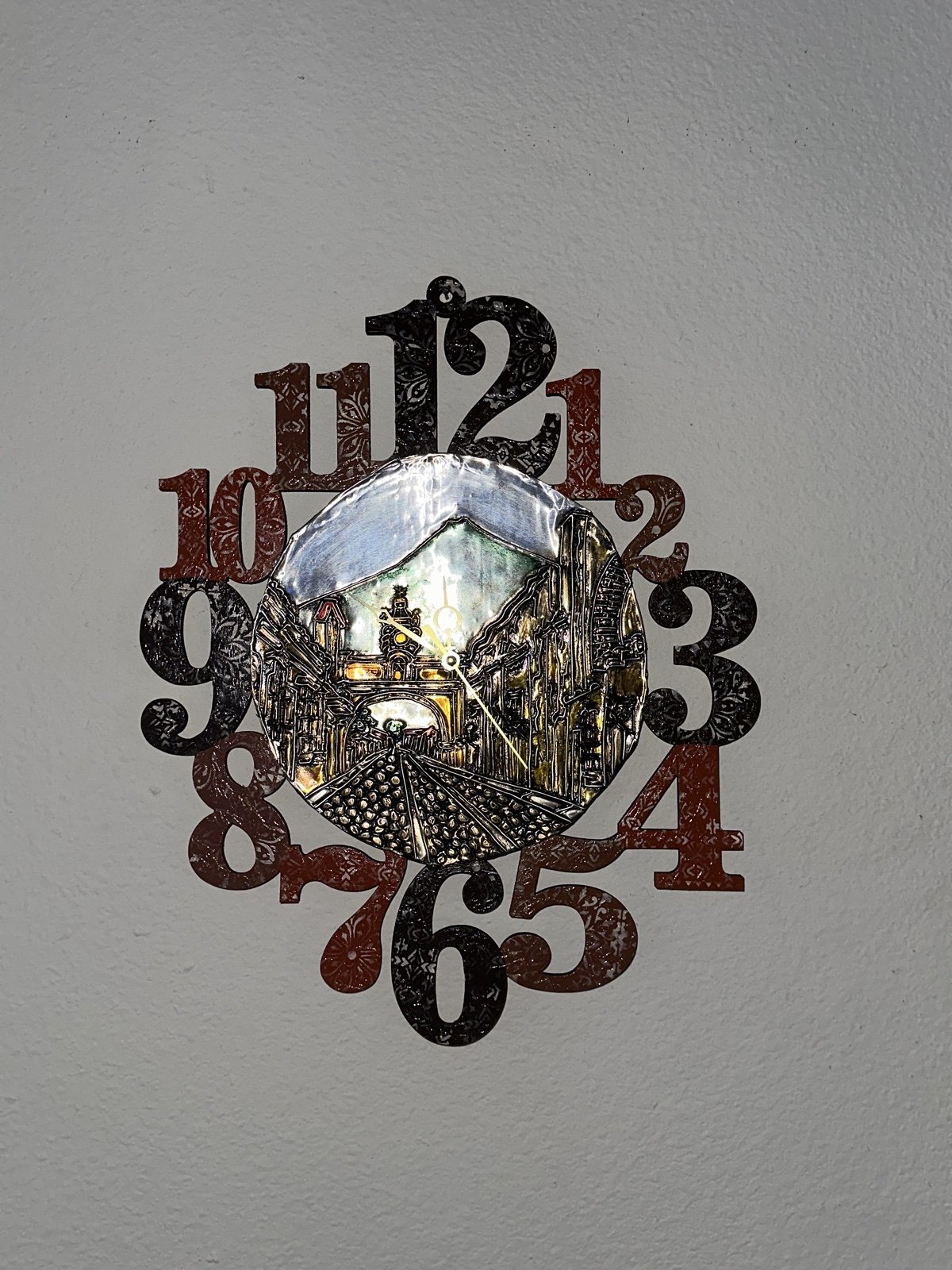 Handcrafted clock with beautiful Antigua Guatemala landscape