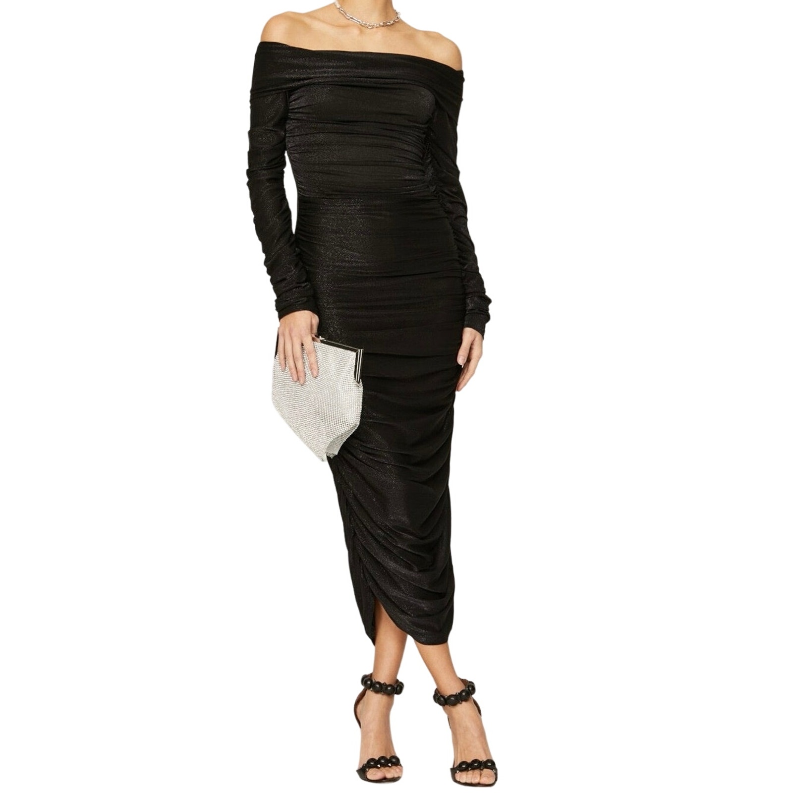 Bronx and Banco Black Amara Ruched Off The Shoulder Long Sleeve Midi Dress Sz L