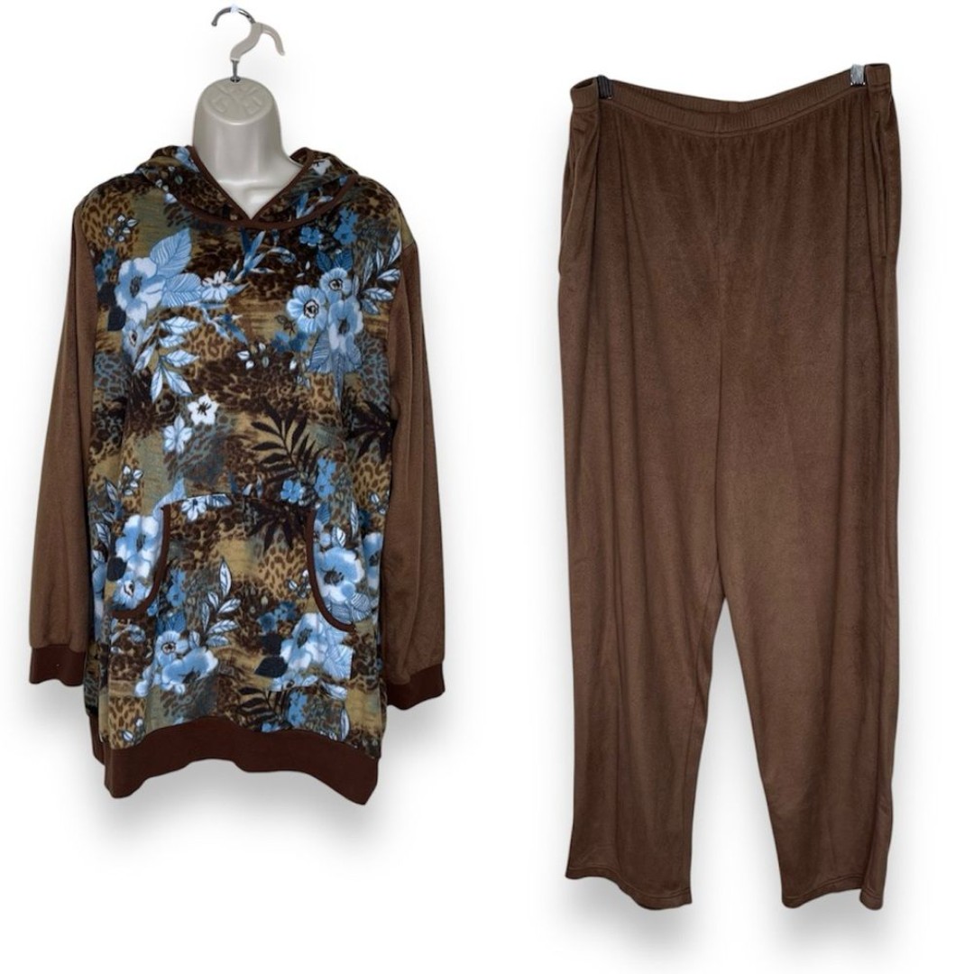Anthony Richards Floral Fleece Hoodie Pants Lounge Set Blue Brown Women Size 1X