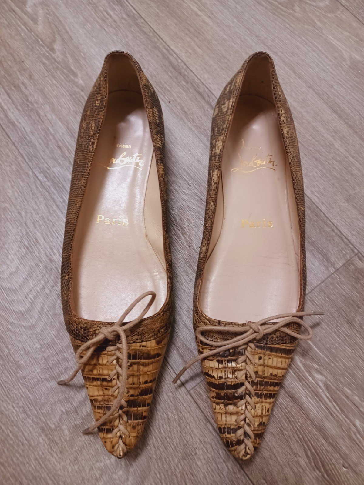 CHRISTIAN LOUBOUTIN Brown Lizard Leather Corset Tie Bow Pointed
