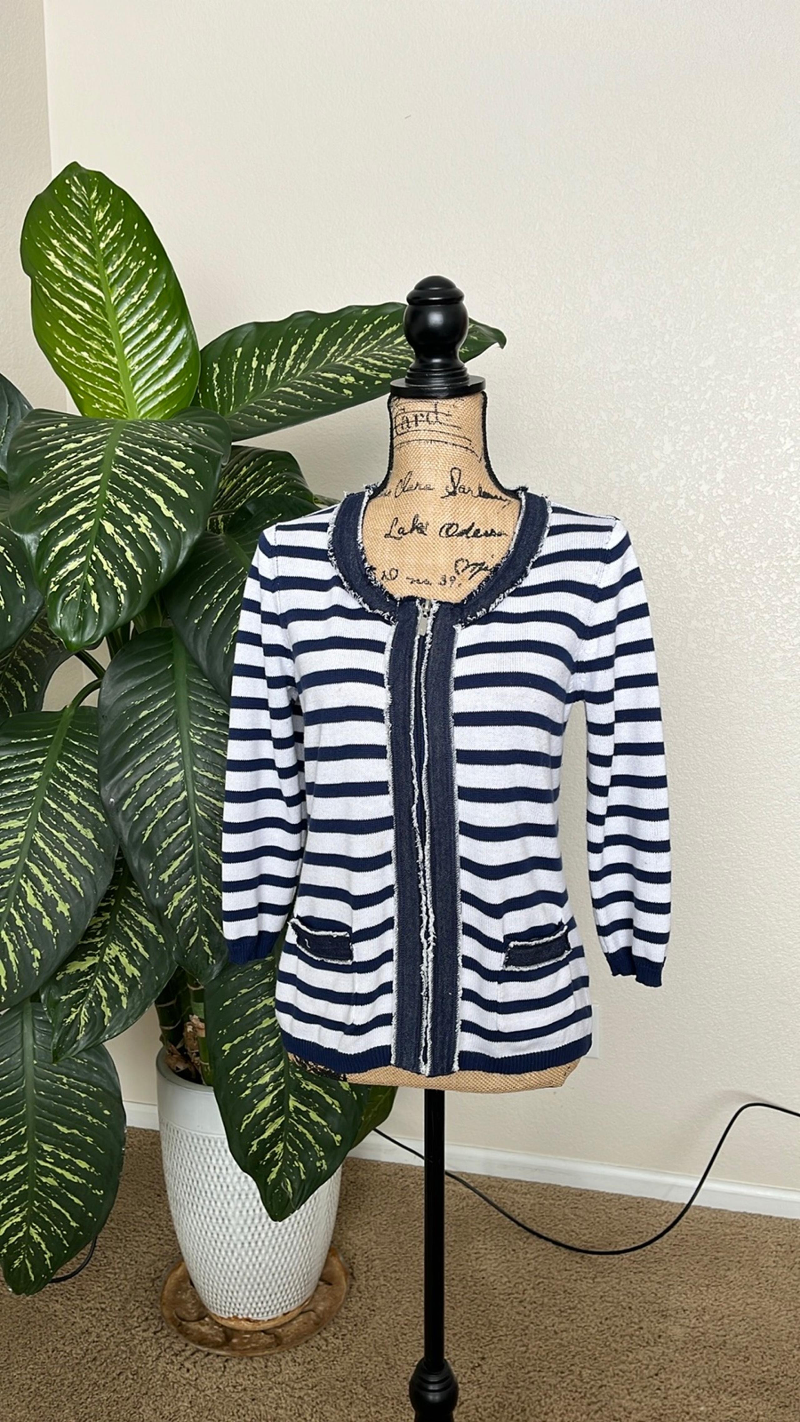 Peter Nygard Womens Sweater Zip Up Striped denim Trim Pocket Size Large