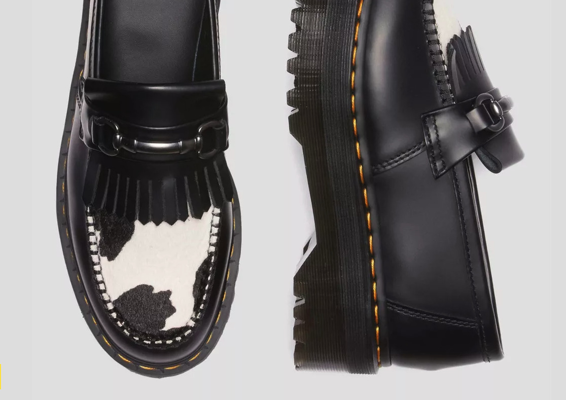Adrian Snaffle Hair-On Cow Print Kiltie Loafers in Pecan