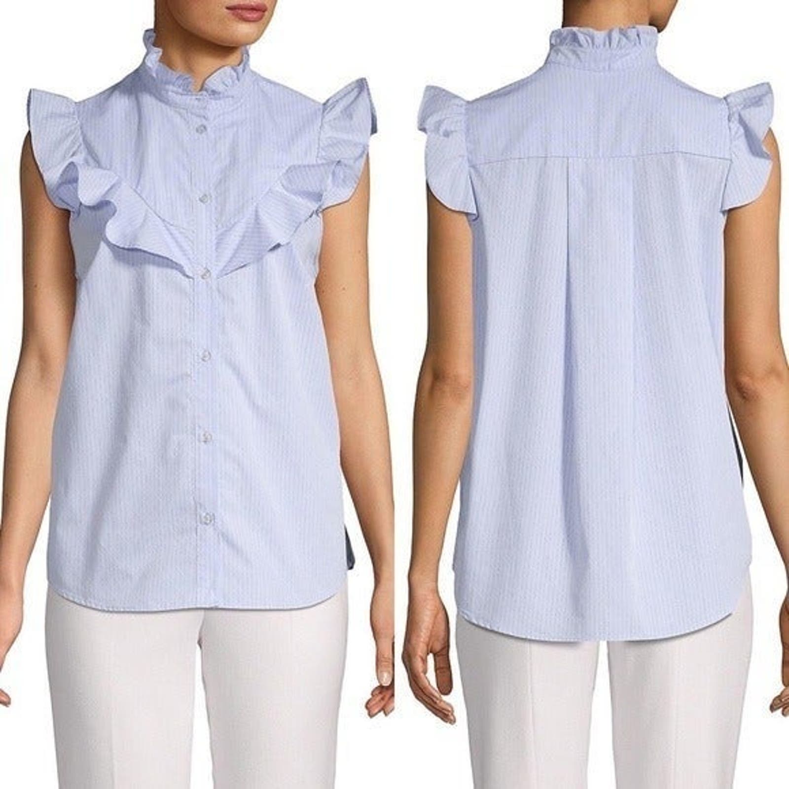 Parker Striped Ruffle Neck Poplin Shirt in Pale Blue Size XS