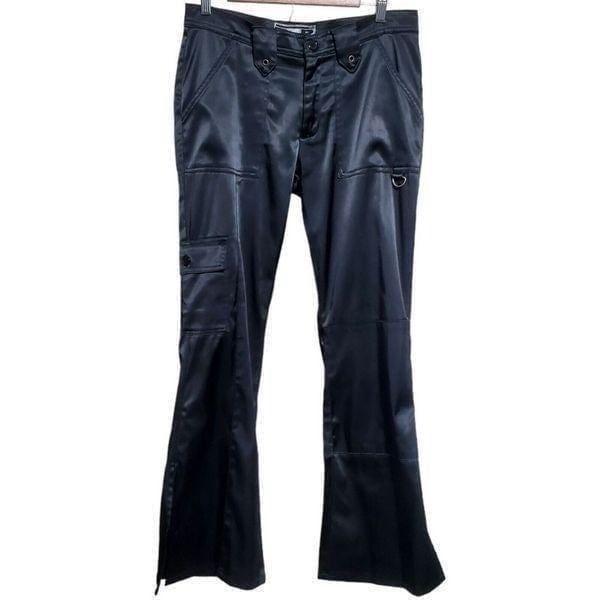 Rave 4 Real Y2K Black Wide Leg Raver Pants Sz M Split Seam Flare Iridescent Goth