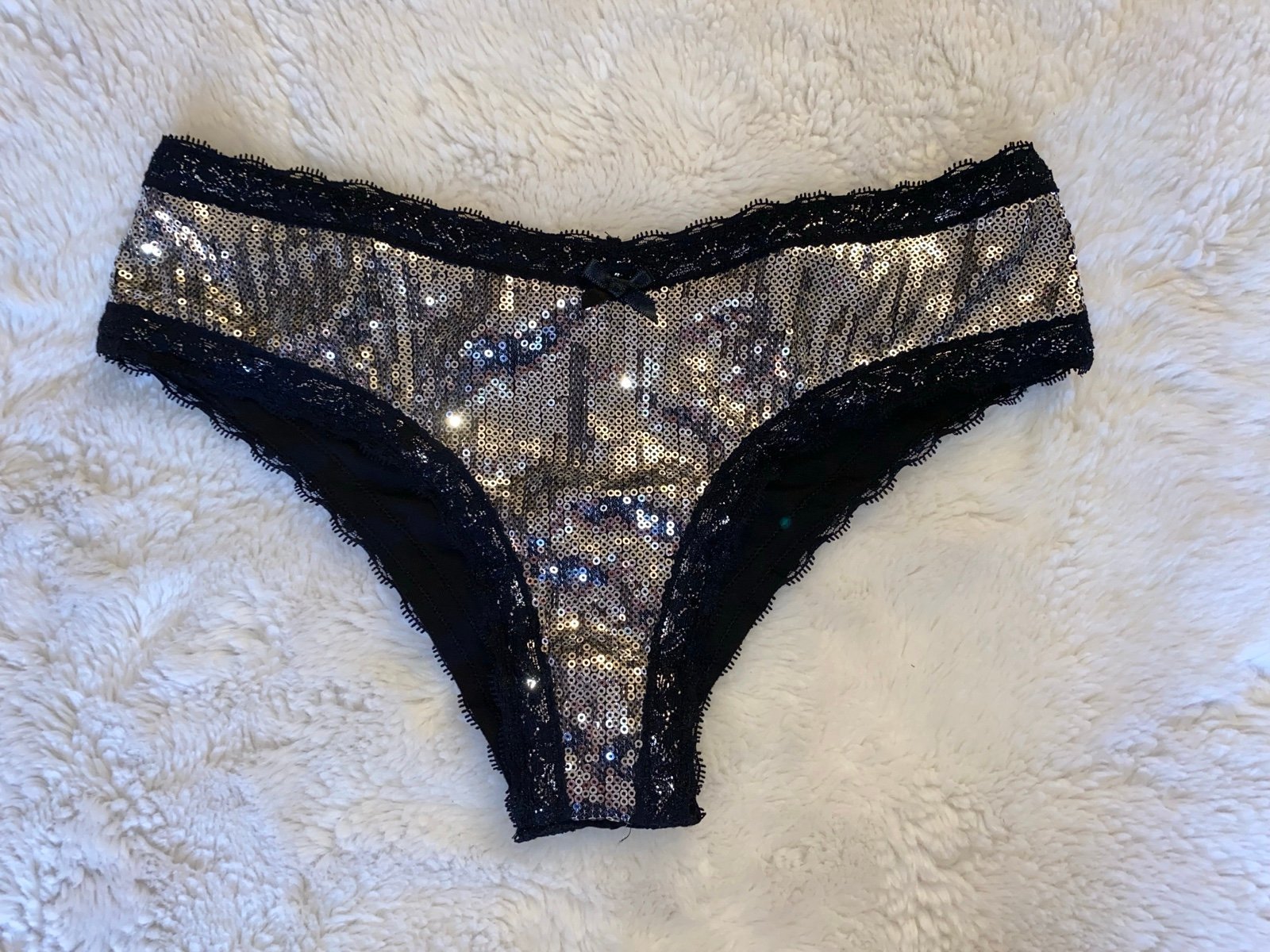 VICTORIA’S SECRET VS VINTAGE BLACK LACE SILVER BLING SEQUINS CHEEKY PANTY NWOT