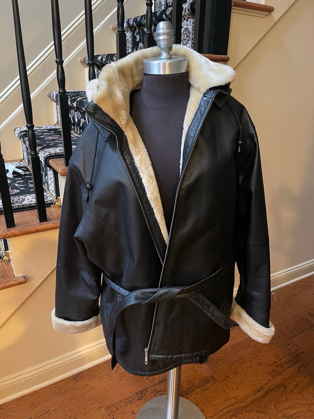 The Connection NY Black Leather Belted & Zip Aviator Jacket Size 2XL  Hooded a