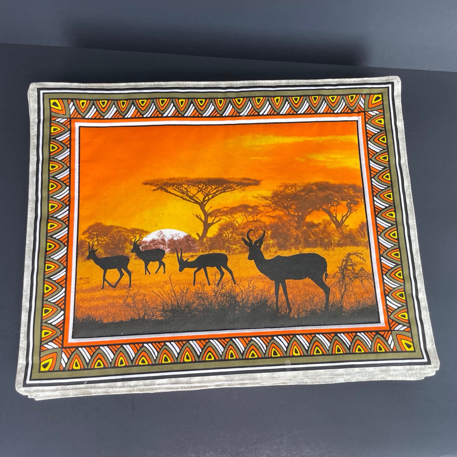 Safari Placemats Set of 8 Elephant Antelope Lion Rhino Hippo Ox Giraffe Panther
