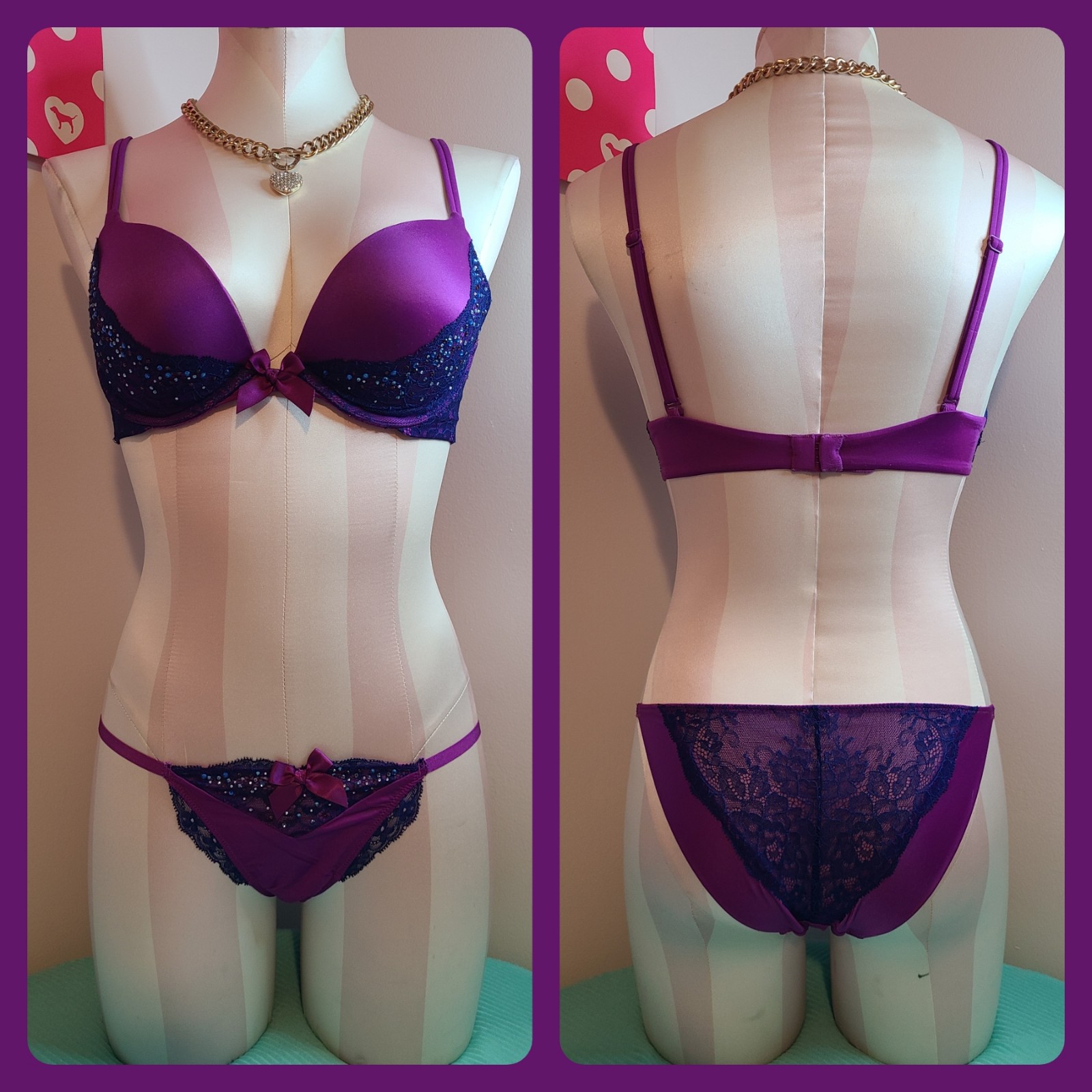 VTG VS Very Sexy Rhinestone Satin Lace Push-up Bra/ Panty Set Size 34B/sm