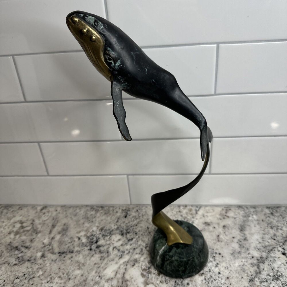 Metal SPI Humpback Whale Statue on Green Marble Base 14.5