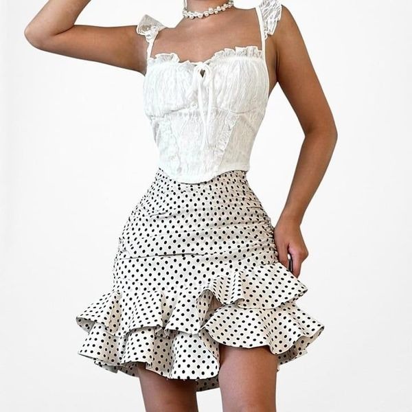 Zara Off White Polka Dot Pleated Ruffle Asymmetric Fit Flared Mini Skirt Size XS