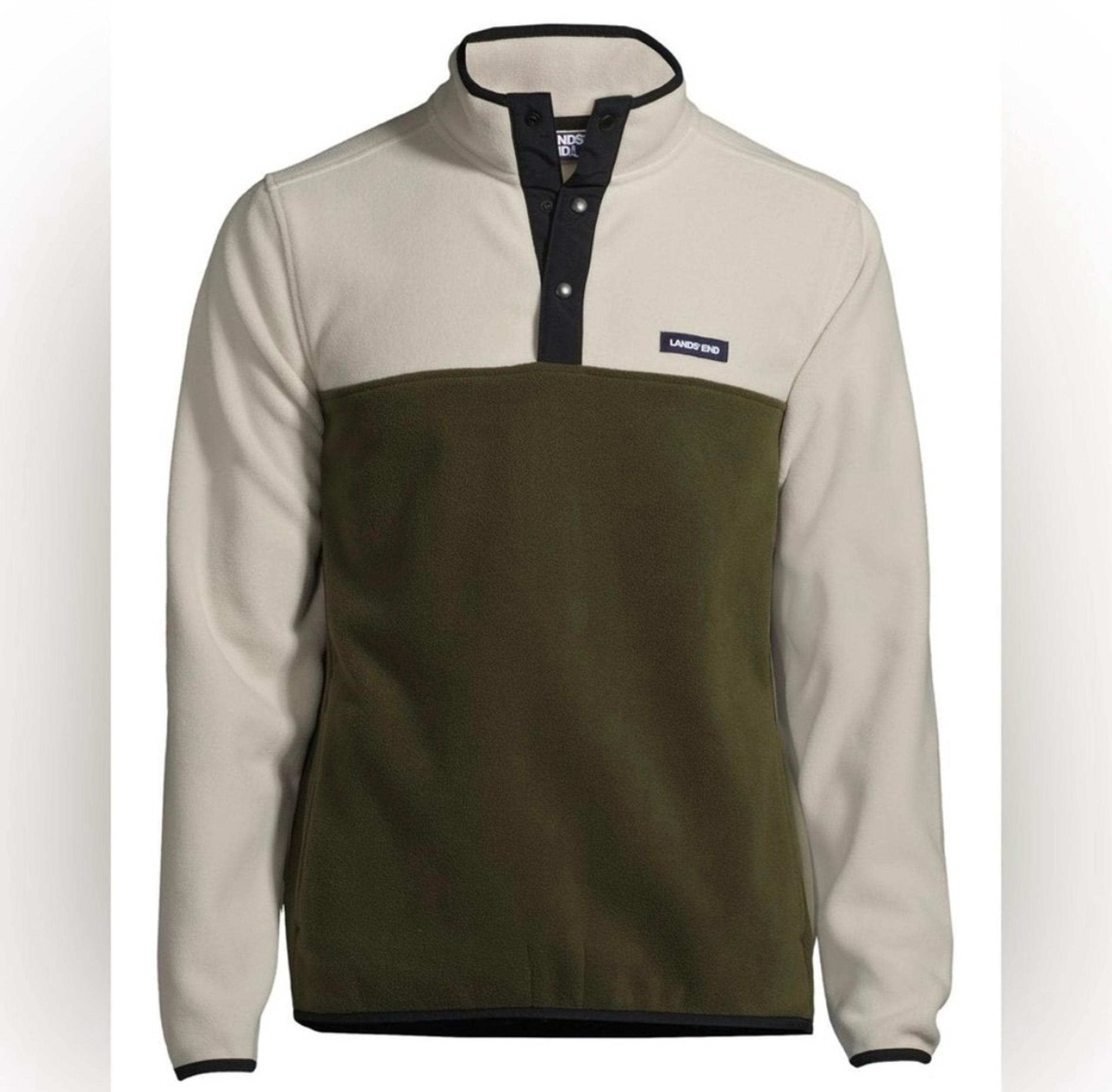 Lands' End Men's Heritage Fleece Snap Neck Pullover, Forest Moss/Stone Size XL
