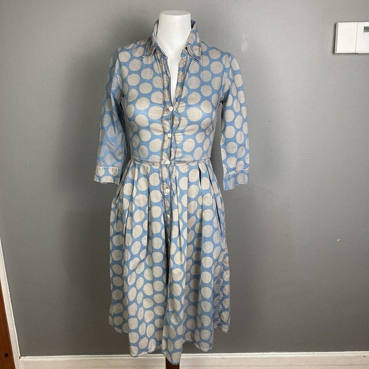 Samantha Sung Shirt Dress Size 0 3/4 Sleeve Button Front Large polka dot v-neck