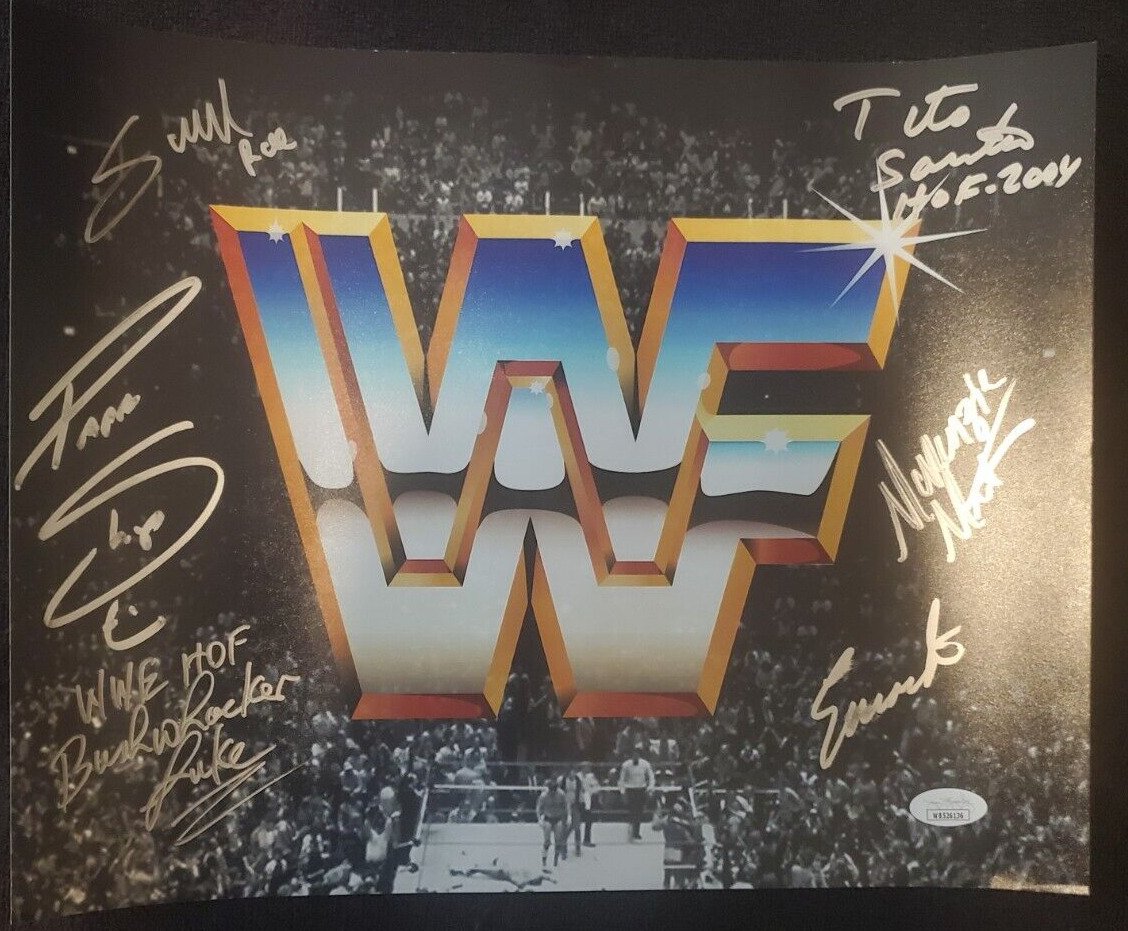 Signed 11x14 Wrestling photo Tito Santana and 6 other WWF Stars W/JSA COA