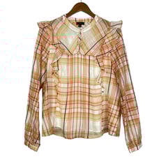 Current Air x Anthropologie Polly Orange Plaid Ruffle Trim Silk Blend Blouse