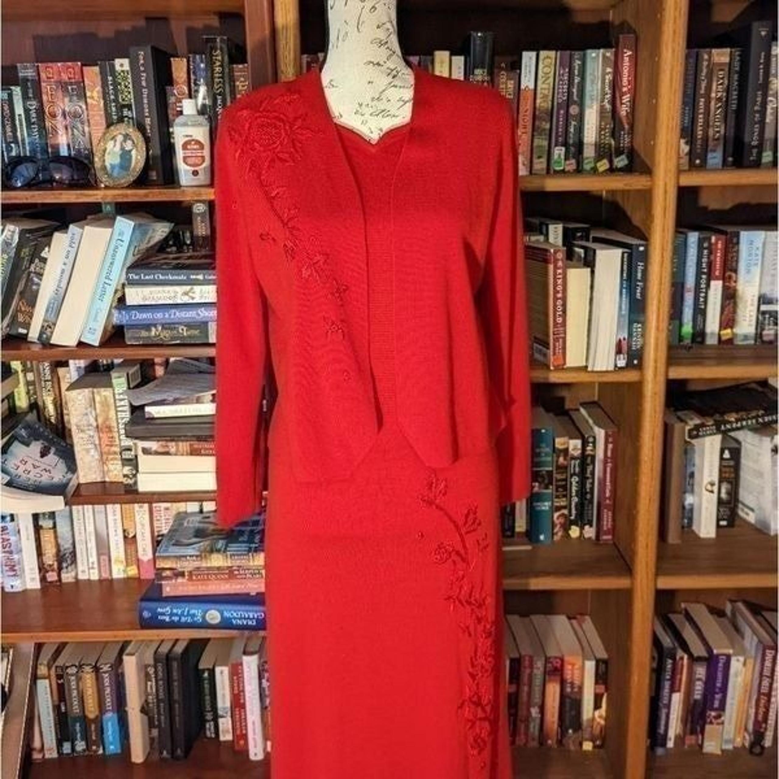 Teri Jon by Rickie Freeman vintage red wool maxi dress + cardi sz m euc vintage